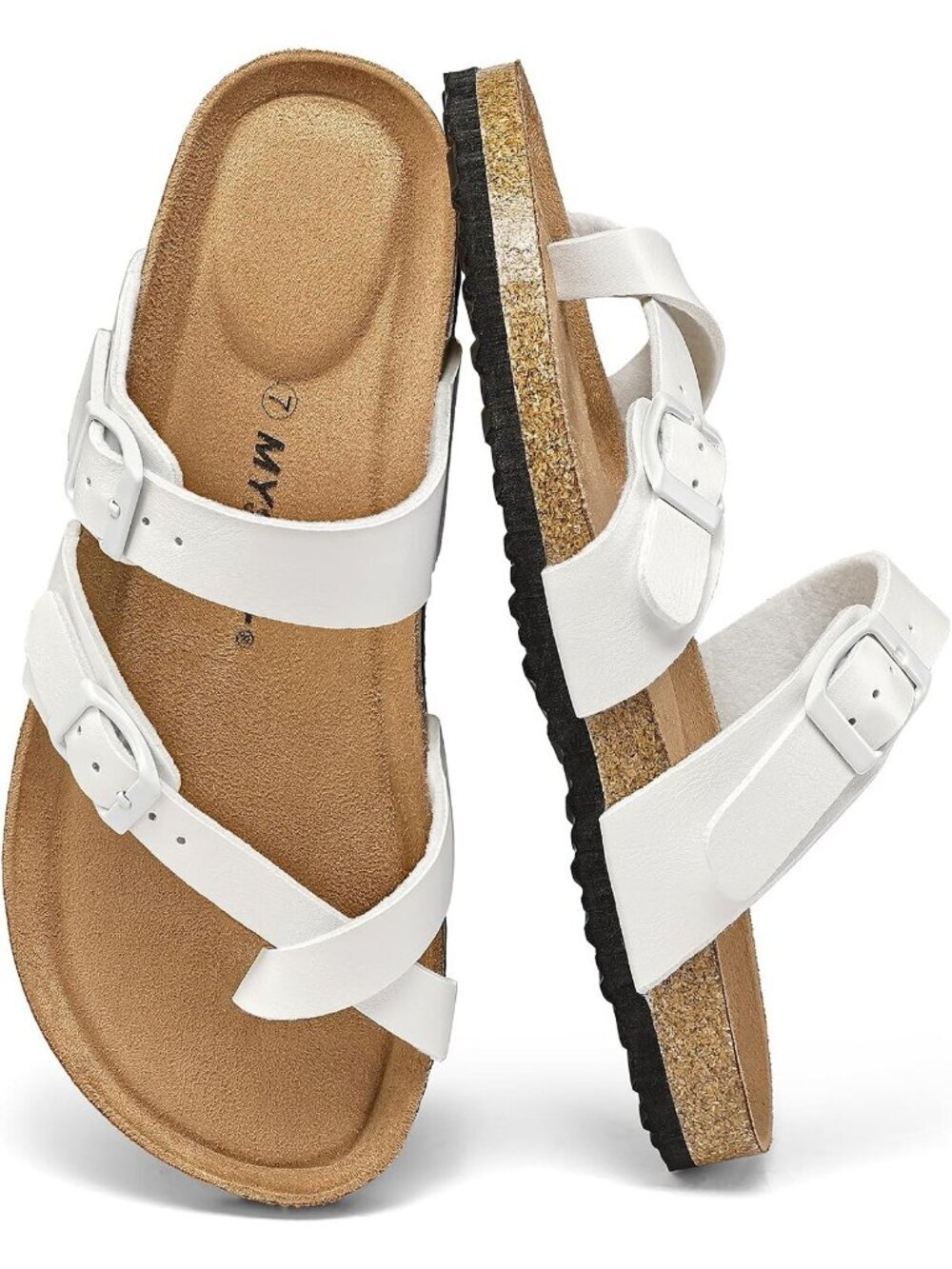 Women's White Double Adjustable Buckle Slide Cork Footbed Slip On Sandal Shoes
